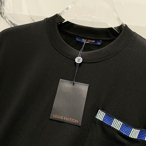 ルイヴィトンチェック柄ポケットアルファベットロゴデザインロゴ半袖Tシャツ