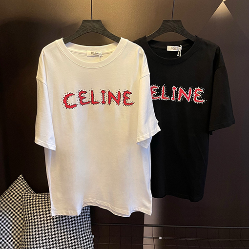 セリーヌ リベット文字プリントベーシック半袖Tシャツ
