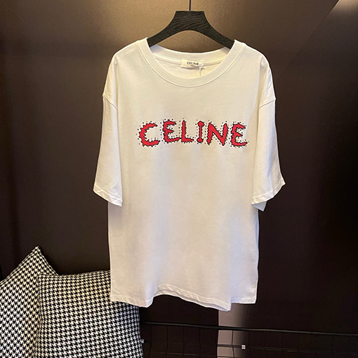 セリーヌ リベット文字プリントベーシック半袖Tシャツ