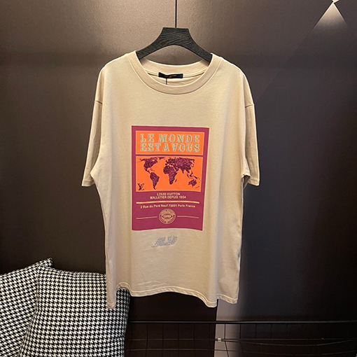 ルイヴィトン地図ホットドリルカーキクルーネック半袖Tシャツ