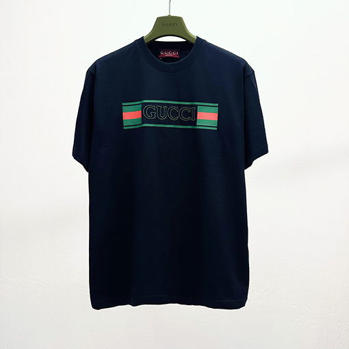 グッチコピープリント刺繍入り コットン半袖Tシャツ