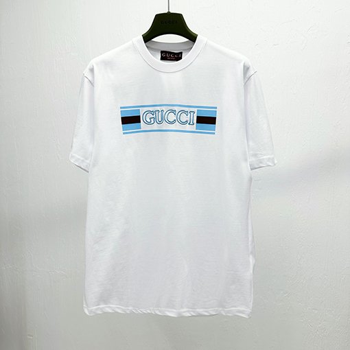 グッチコピープリント刺繍入り コットン半袖Tシャツ