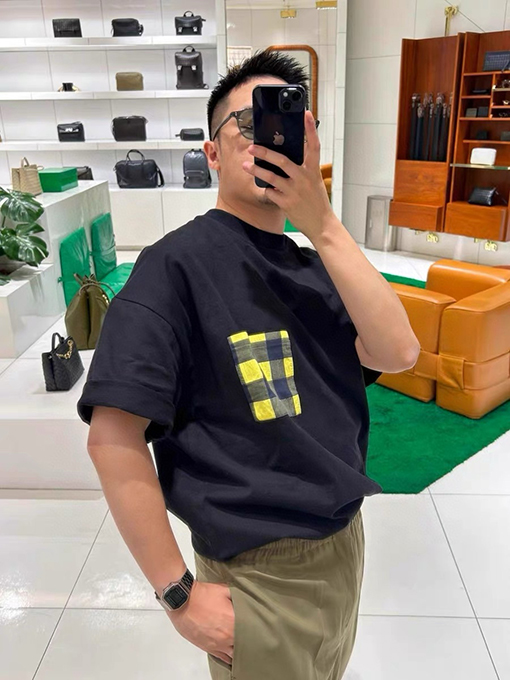 ボッテガヴェネタスーパーコピーチェック柄刺繍ロゴ ポケット付き ゆったり半袖Tシャツ