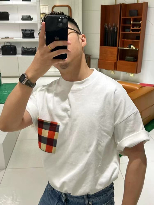 ボッテガヴェネタスーパーコピーチェック柄刺繍ロゴ ポケット付き ゆったり半袖Tシャツ