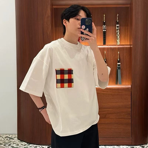 ボッテガヴェネタスーパーコピーチェック柄刺繍ロゴ ポケット付き ゆったり半袖Tシャツ