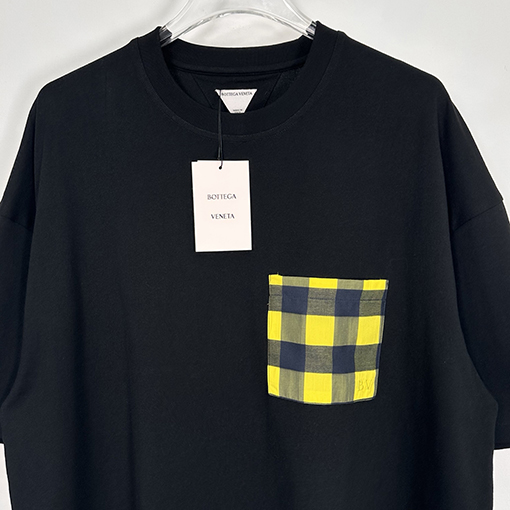 ボッテガヴェネタスーパーコピーチェック柄刺繍ロゴ ポケット付き ゆったり半袖Tシャツ