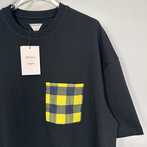 ボッテガヴェネタスーパーコピーチェック柄刺繍ロゴ ポケット付き ゆったり半袖Tシャツ