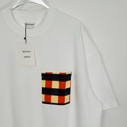 ボッテガヴェネタスーパーコピーチェック柄刺繍ロゴ ポケット付き ゆったり半袖Tシャツ
