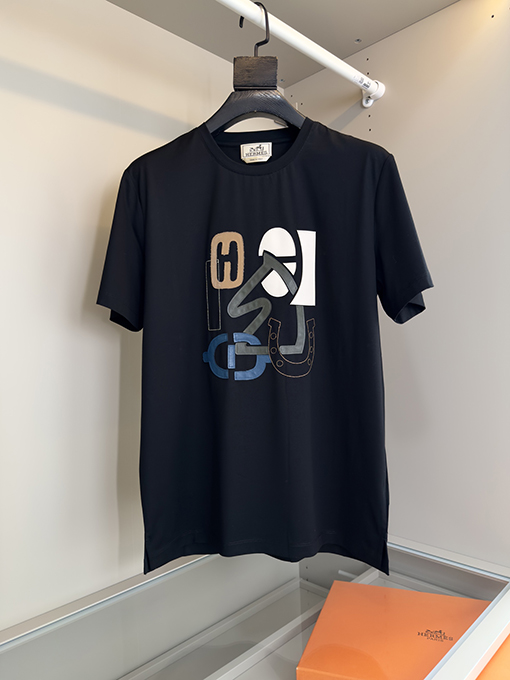 エルメスHパズルレザー刺繍装飾 クルーネック 半袖Tシャツ