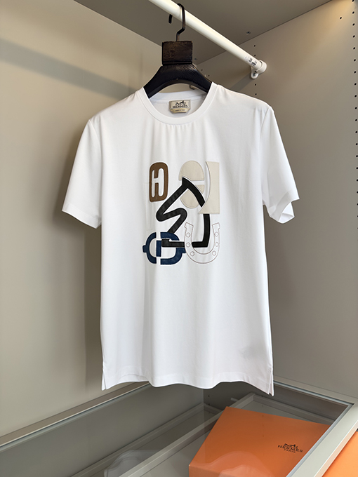 エルメスHパズルレザー刺繍装飾 クルーネック 半袖Tシャツ