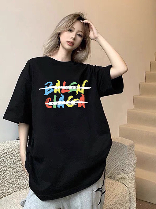 バレンシアガレインボーロゴ カップル向け 半袖Tシャツ