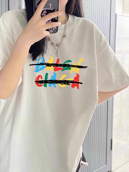 バレンシアガレインボーロゴ カップル向け 半袖Tシャツ