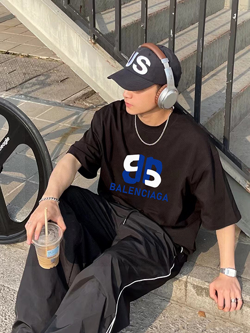 バレンシアガダブルBカラー切替大ロゴカップル三色半袖Tシャツ