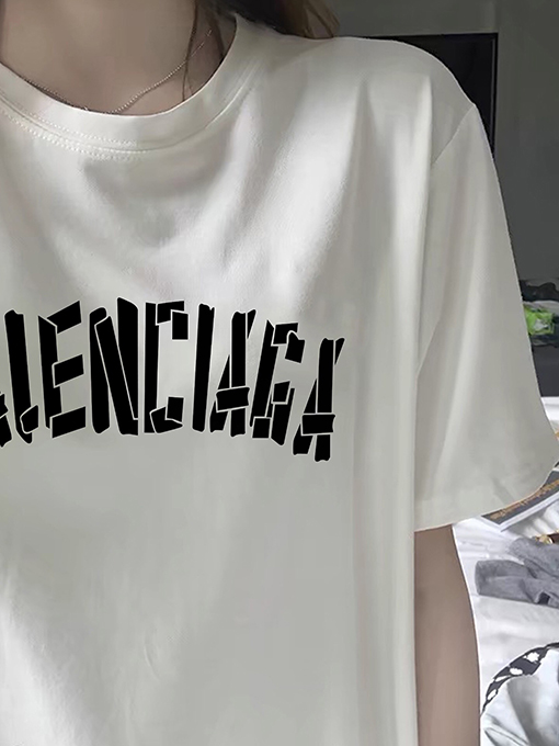 バレンシアガスーパーコピーテーププリントロゴクルーネックゆったりユニセックス半袖Tシャツ