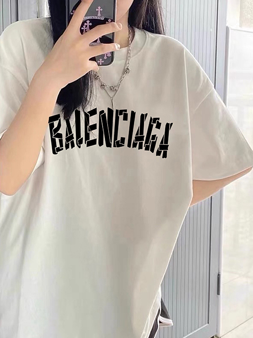 バレンシアガスーパーコピーテーププリントロゴクルーネックゆったりユニセックス半袖Tシャツ