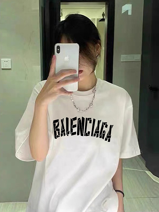 バレンシアガスーパーコピーテーププリントロゴクルーネックゆったりユニセックス半袖Tシャツ