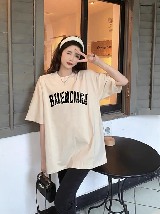 バレンシアガスーパーコピーテーププリントロゴクルーネックゆったりユニセックス半袖Tシャツ