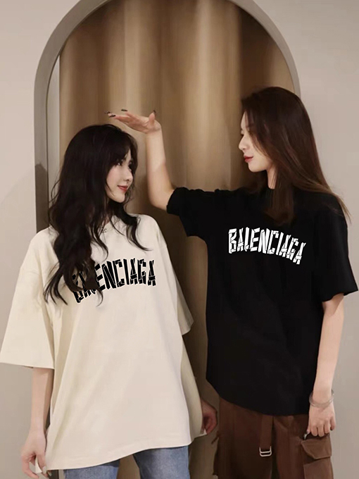 バレンシアガスーパーコピーテーププリントロゴクルーネックゆったりユニセックス半袖Tシャツ