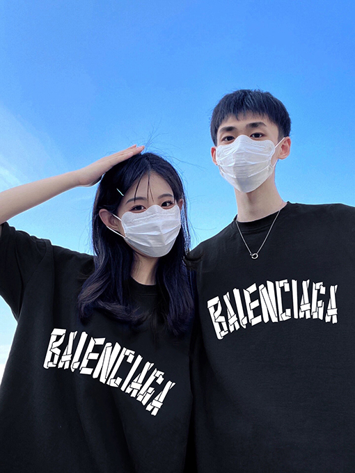 バレンシアガスーパーコピーテーププリントロゴクルーネックゆったりユニセックス半袖Tシャツ
