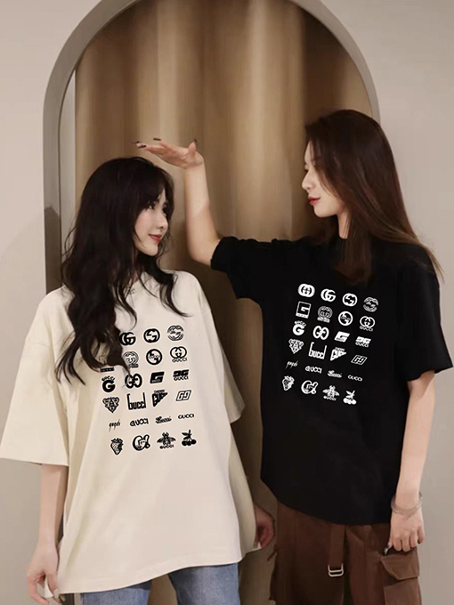 グッチ総柄ロゴカップル用ゆったりクルーネック半袖Tシャツ