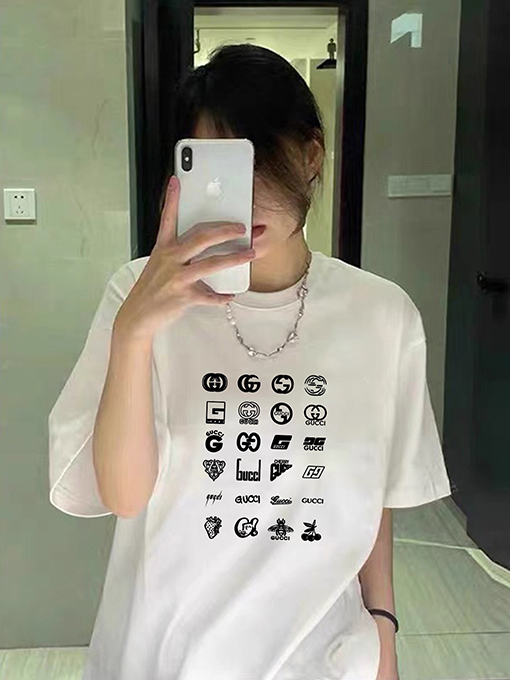 グッチ総柄ロゴカップル用ゆったりクルーネック半袖Tシャツ