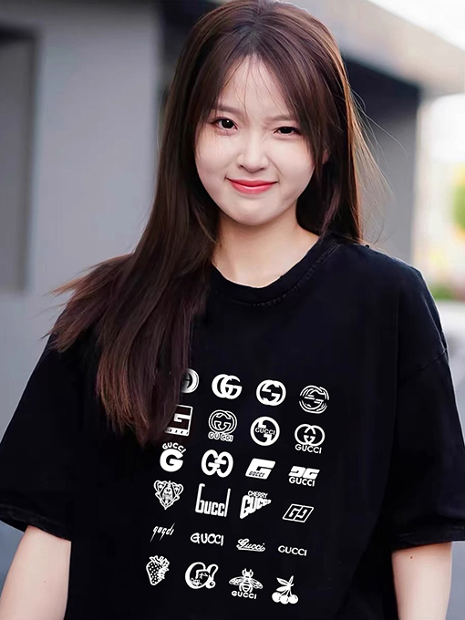 グッチ総柄ロゴカップル用ゆったりクルーネック半袖Tシャツ