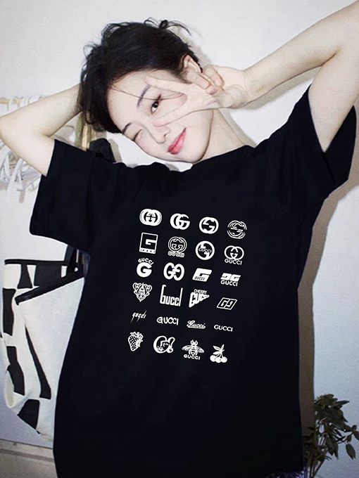 グッチ総柄ロゴカップル用ゆったりクルーネック半袖Tシャツ