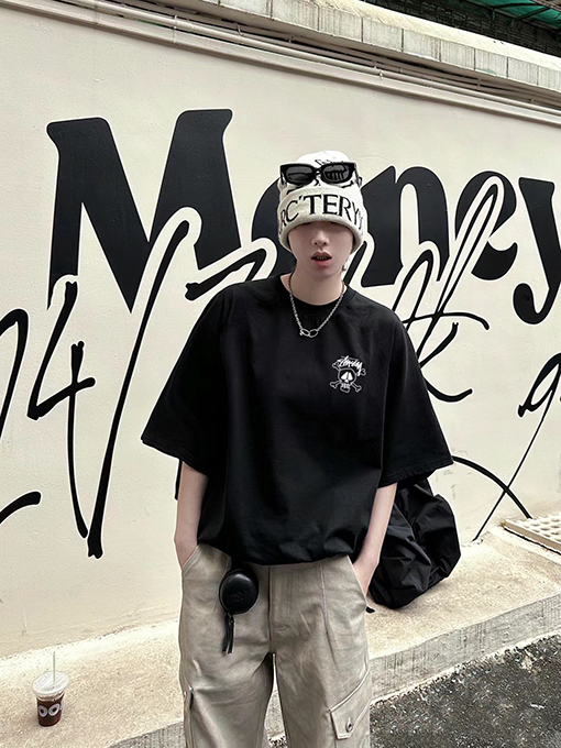 ステューシーホワイトスカルロゴプリントカップル用クルーネック半袖Tシャツ