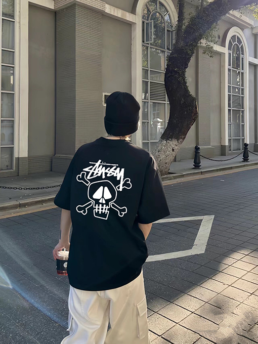 ステューシーホワイトスカルロゴプリントカップル用クルーネック半袖Tシャツ