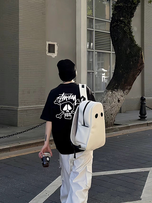 ステューシーホワイトスカルロゴプリントカップル用クルーネック半袖Tシャツ
