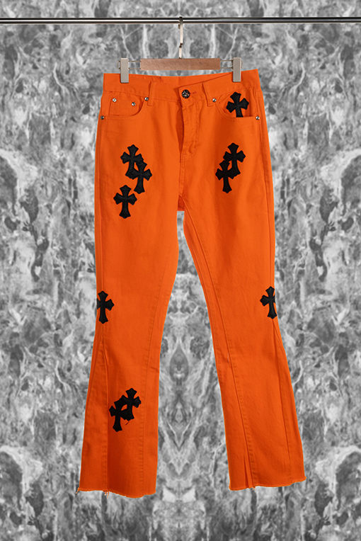 クロムハーツVirgil コラボ限定 オレンジ×ブラック レザー 牛革 ミニフレア デニムパンツ