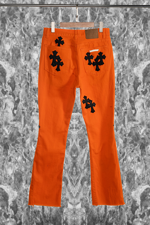 クロムハーツVirgil コラボ限定 オレンジ×ブラック レザー 牛革 ミニフレア デニムパンツ