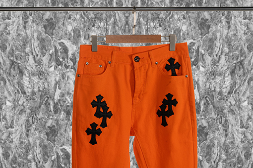 クロムハーツVirgil コラボ限定 オレンジ×ブラック レザー 牛革 ミニフレア デニムパンツ