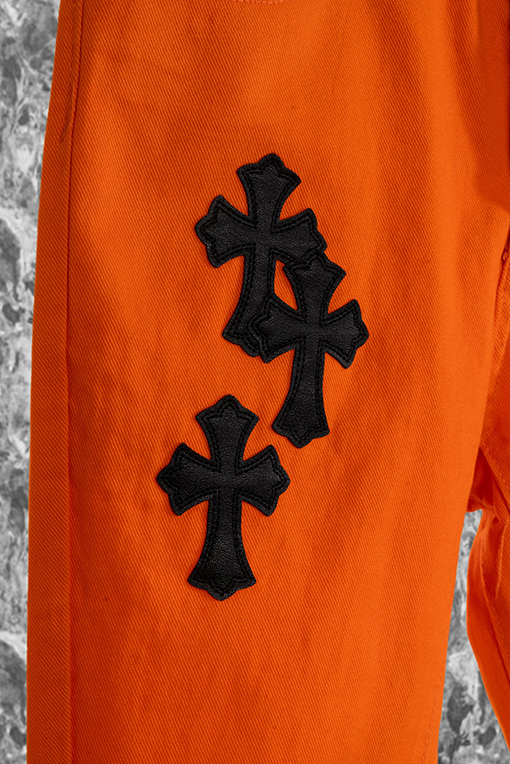 クロムハーツVirgil コラボ限定 オレンジ×ブラック レザー 牛革 ミニフレア デニムパンツ