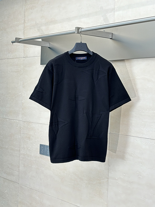 ルイヴィトンスーパーコピー黒い花のラウンドネックニット半袖Tシャツ