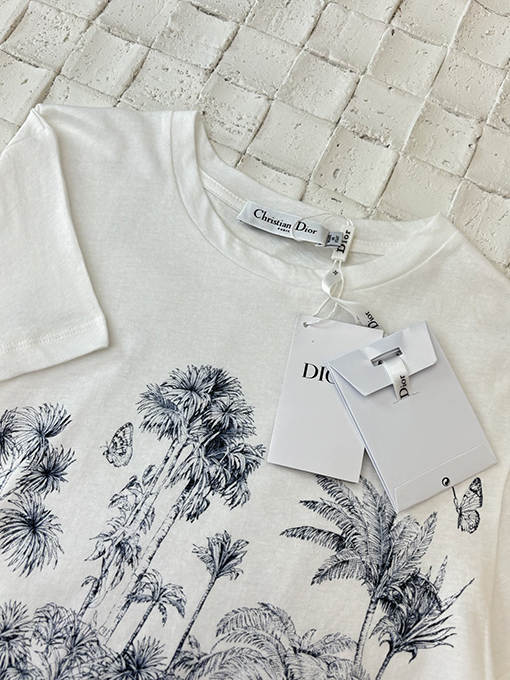 ディオールコピー新しい亜麻綿プリント蝶森系半袖Tシャツ