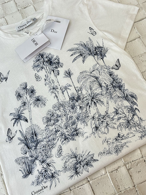 ディオールコピー新しい亜麻綿プリント蝶森系半袖Tシャツ