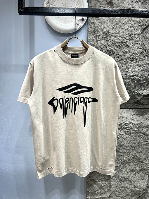 バレンシアガ新しいM字プリントの擦り切れた半袖Tシャツ