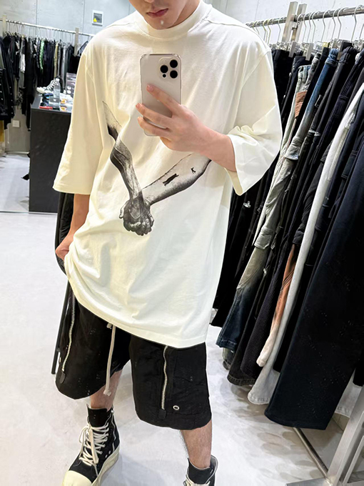 リックオウエンス新しい顔プリントラウンドネックルーズTシャツ