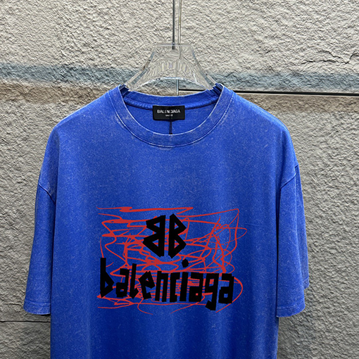 バレンシアガスノーフレーク古いウォッシュレトロなラウンドネック半袖シャツ