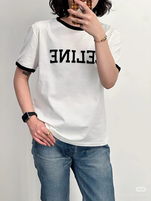 セリーヌ アップリケ刺繍文字クルーネック半袖Tシャツ