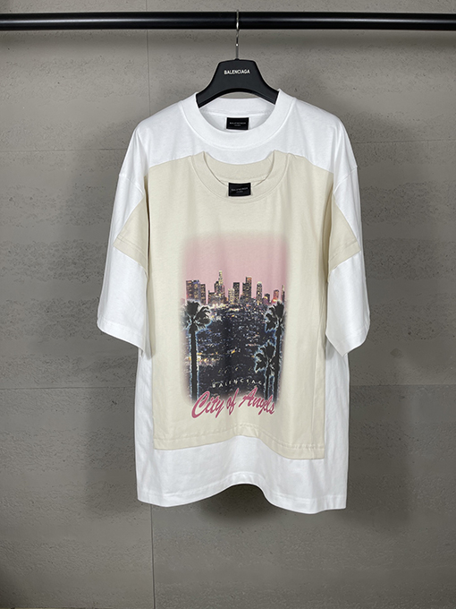 バレンシアガ ロサンゼルス夜景直噴プリント重ね二重半袖Tシャツ
