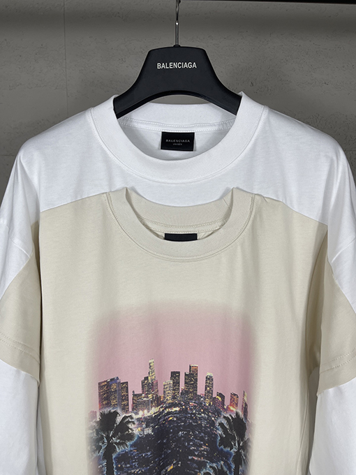 バレンシアガ ロサンゼルス夜景直噴プリント重ね二重半袖Tシャツ