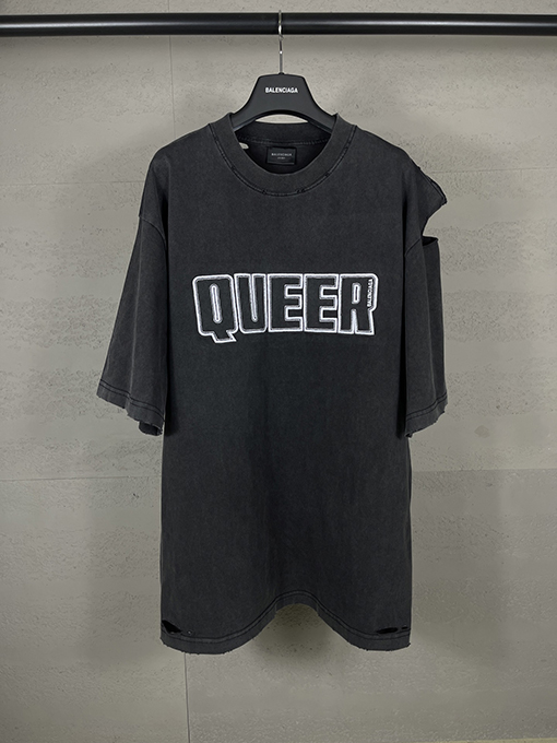バレンシアガ アルファベットロゴ布刺繍洗濯水カット古い半袖Tシャツ