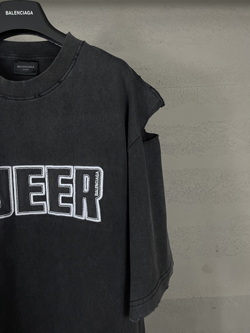 バレンシアガ アルファベットロゴ布刺繍洗濯水カット古い半袖Tシャツ