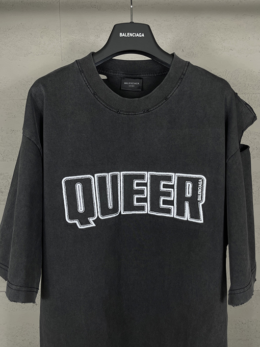 バレンシアガ アルファベットロゴ布刺繍洗濯水カット古い半袖Tシャツ