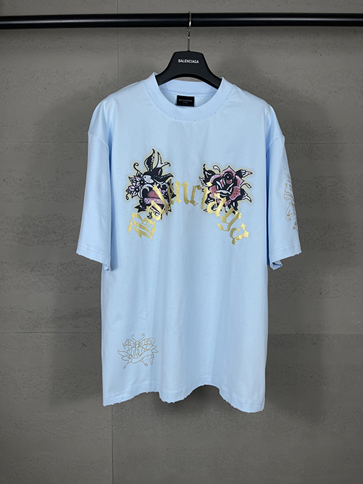 バレンシアガ Tucy Tattoo ストレートプリントホットドリル磨かれた古い半袖Tシャツ