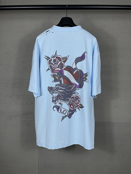 バレンシアガ Tucy Tattoo ストレートプリントホットドリル磨かれた古い半袖Tシャツ