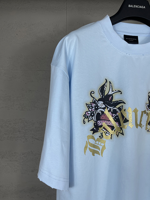 バレンシアガ Tucy Tattoo ストレートプリントホットドリル磨かれた古い半袖Tシャツ