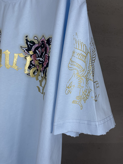 バレンシアガ Tucy Tattoo ストレートプリントホットドリル磨かれた古い半袖Tシャツ